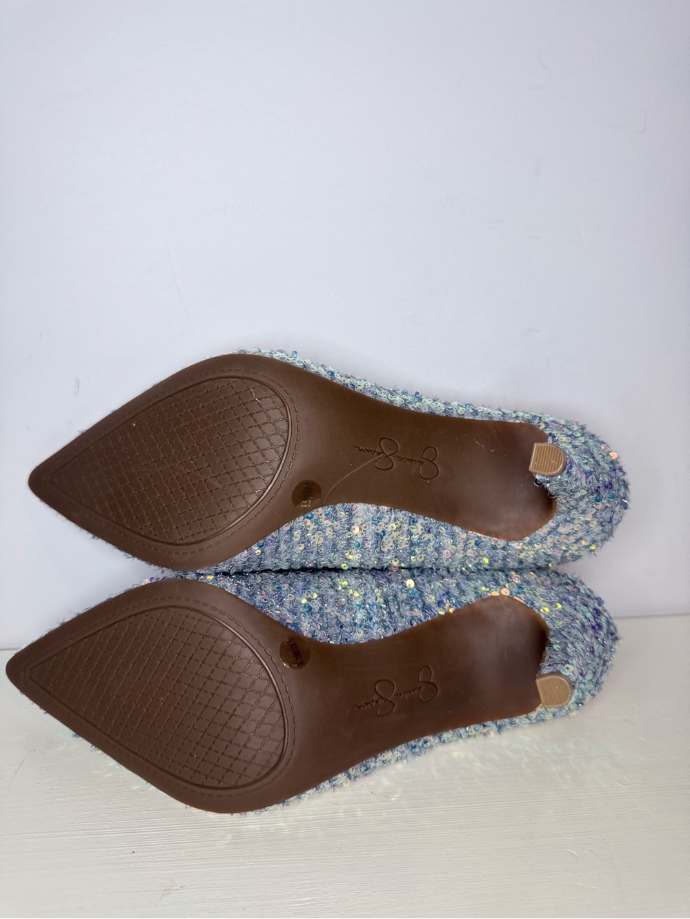 Jessica Simpson Blue Iridescent Tweed Sequin Pointed Toe Pumps Size 8.5 - Picture 8 of 13
